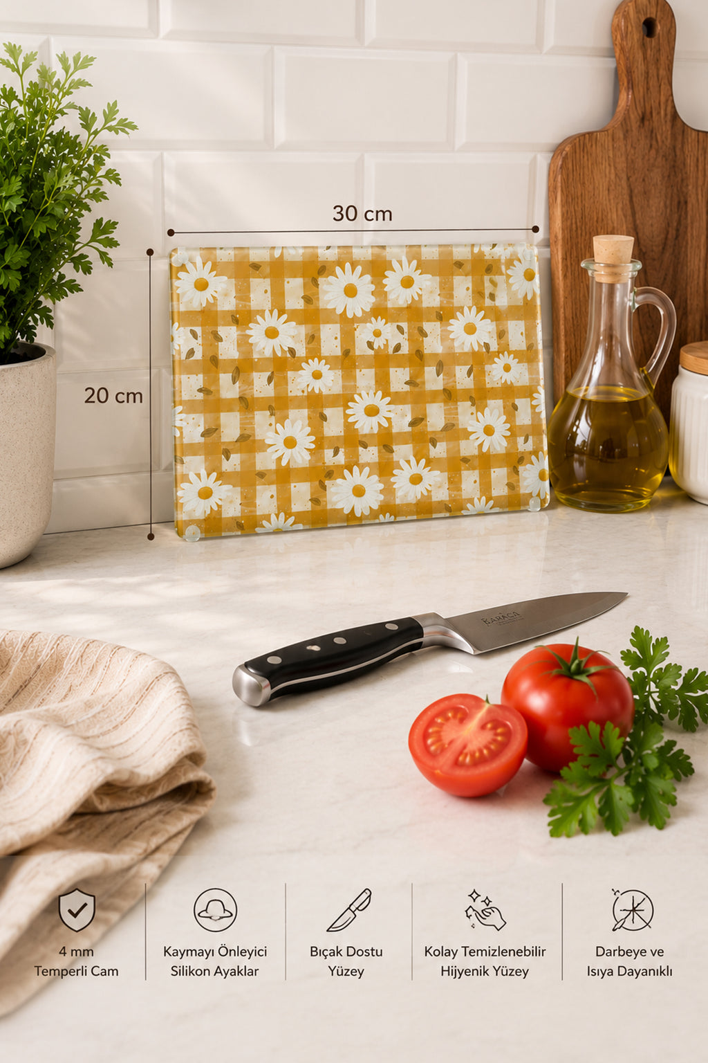 Cam Kesme Tahtası - Cam Kesme Tablası | Papatya Bahçesi | 20cm x 30cm