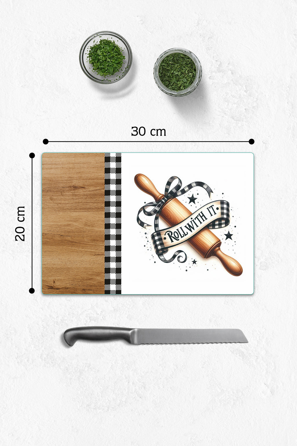 Cam Kesme Tahtası - Cam Kesme Tablası | Pötikare - Merdane Temalı Ahşap Desenli | 20cm x 30cm
