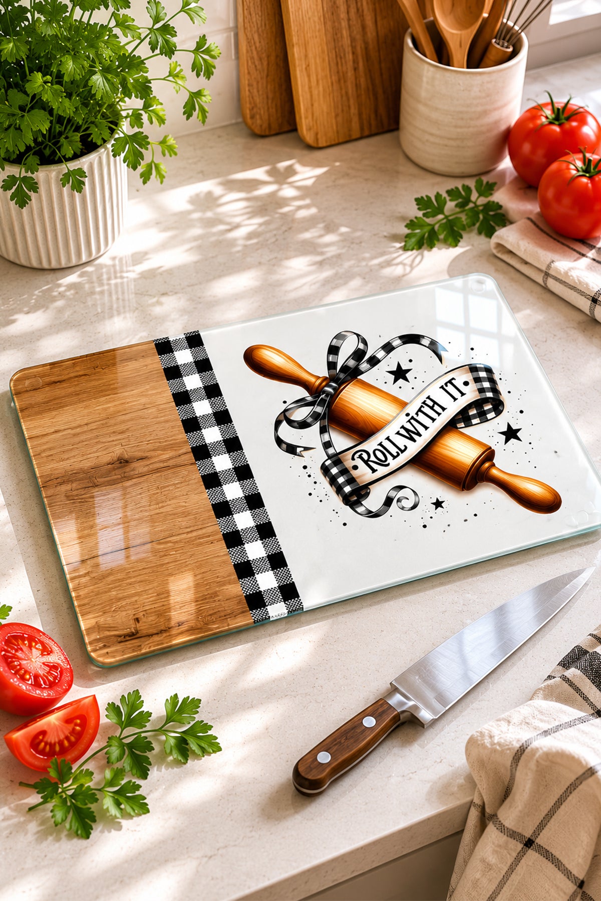 Cam Kesme Tahtası - Cam Kesme Tablası | Pötikare - Merdane Temalı Ahşap Desenli | 20cm x 30cm