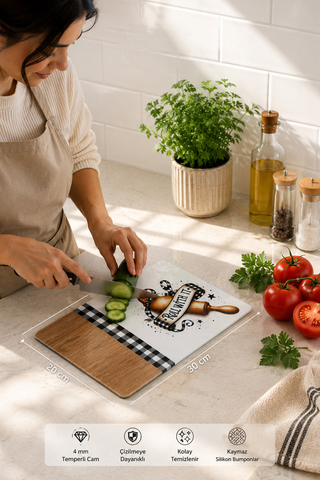 Cam Kesme Tahtası - Cam Kesme Tablası | Pötikare - Merdane Temalı Ahşap Desenli | 20cm x 30cm