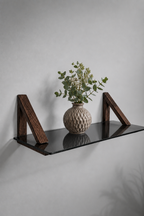 MDF Ahşap Askılı Dekoratif Cam Duvar Rafı | Füme Cam | 60x20 cm