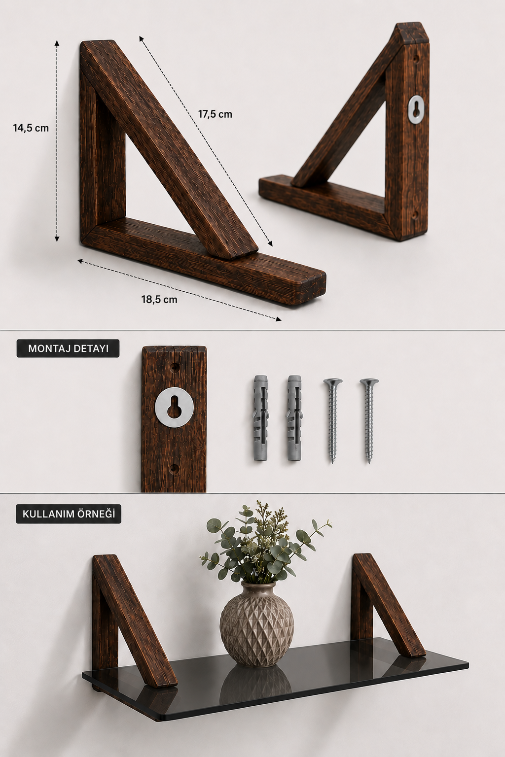 MDF Ahşap Askılı Dekoratif Cam Duvar Rafı | Füme Cam | 60x20 cm