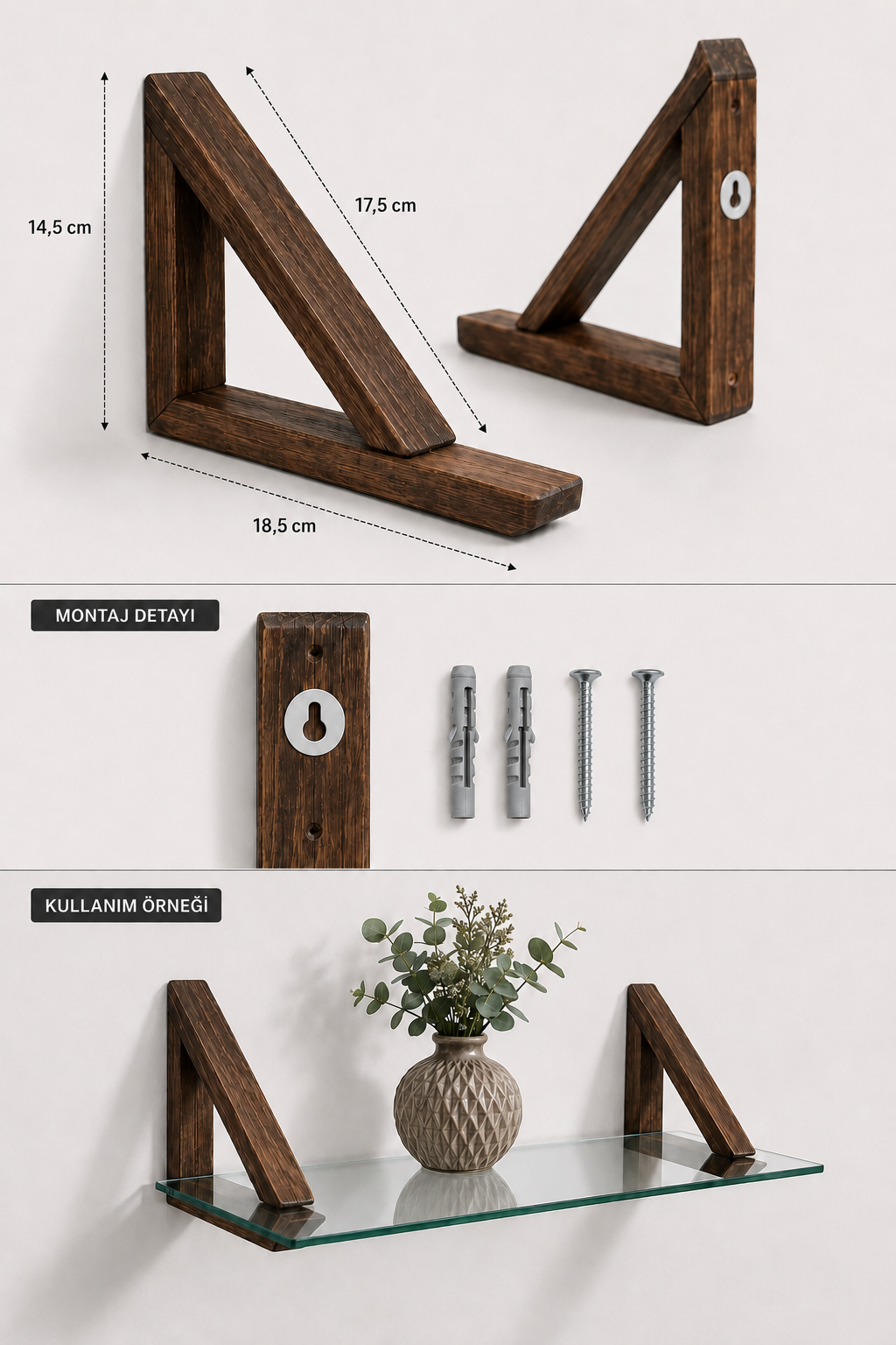 MDF Ahşap Askılı Dekoratif Cam Duvar Rafı | 60x20 cm | Saydam Cam