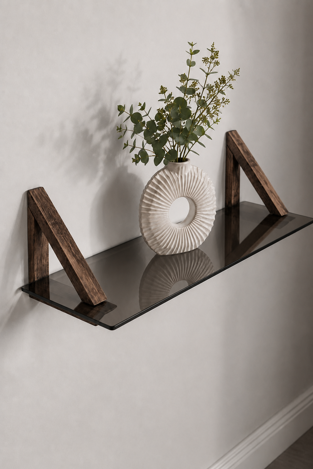 MDF Ahşap Askılı Dekoratif Cam Duvar Rafı | Füme Cam | 60x20 cm