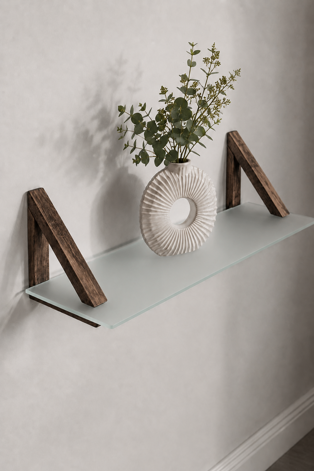 MDF Ahşap Askılı Dekoratif Cam Duvar Rafı | Satina Cam | 60x20 cm