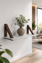 MDF Ahşap Askılı Dekoratif Cam Duvar Rafı | Satina Cam | 60x20 cm