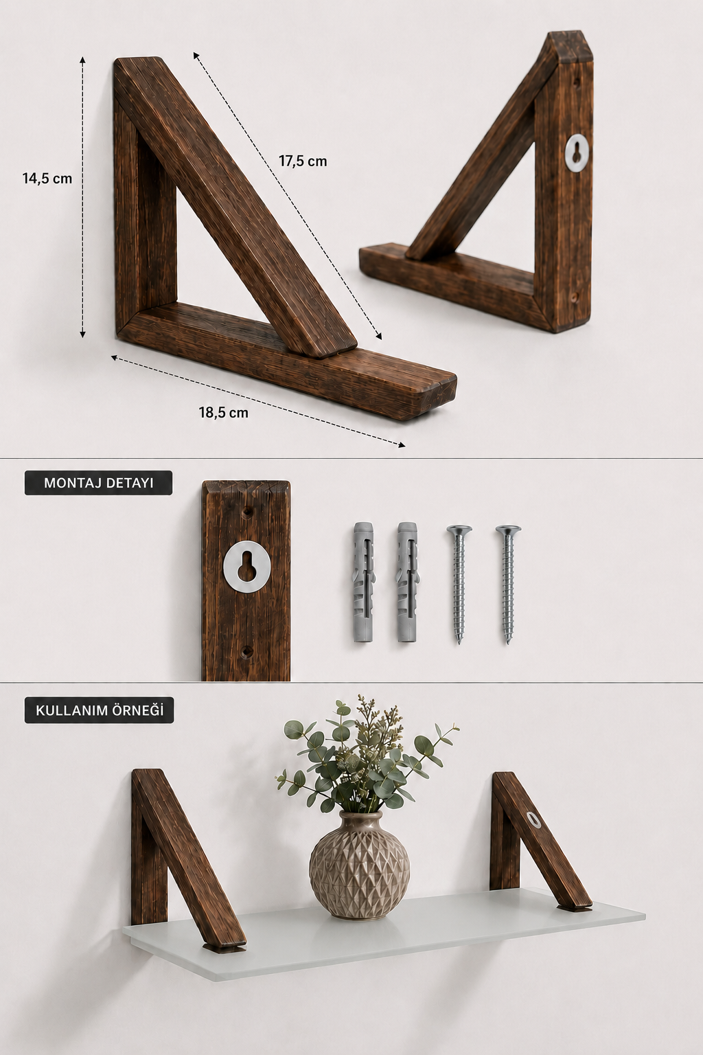 MDF Ahşap Askılı Dekoratif Cam Duvar Rafı | Satina Cam | 60x20 cm