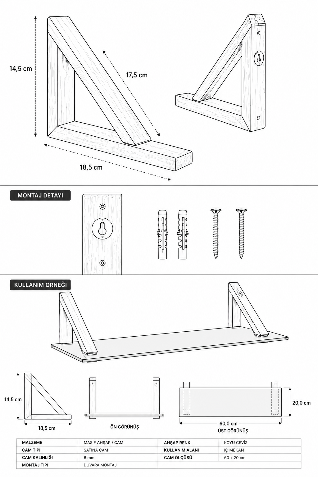 MDF Ahşap Askılı Dekoratif Cam Duvar Rafı | Satina Cam | 60x20 cm