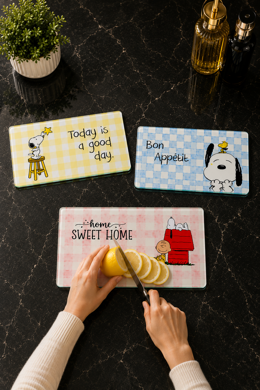 3'lü Cam Kesme Tahtası | Snoopy Kitchen Dreams | 17cm x 29cm