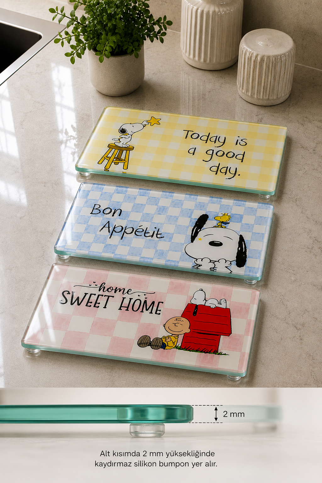 3'lü Cam Kesme Tahtası | Snoopy Kitchen Dreams | 17cm x 29cm