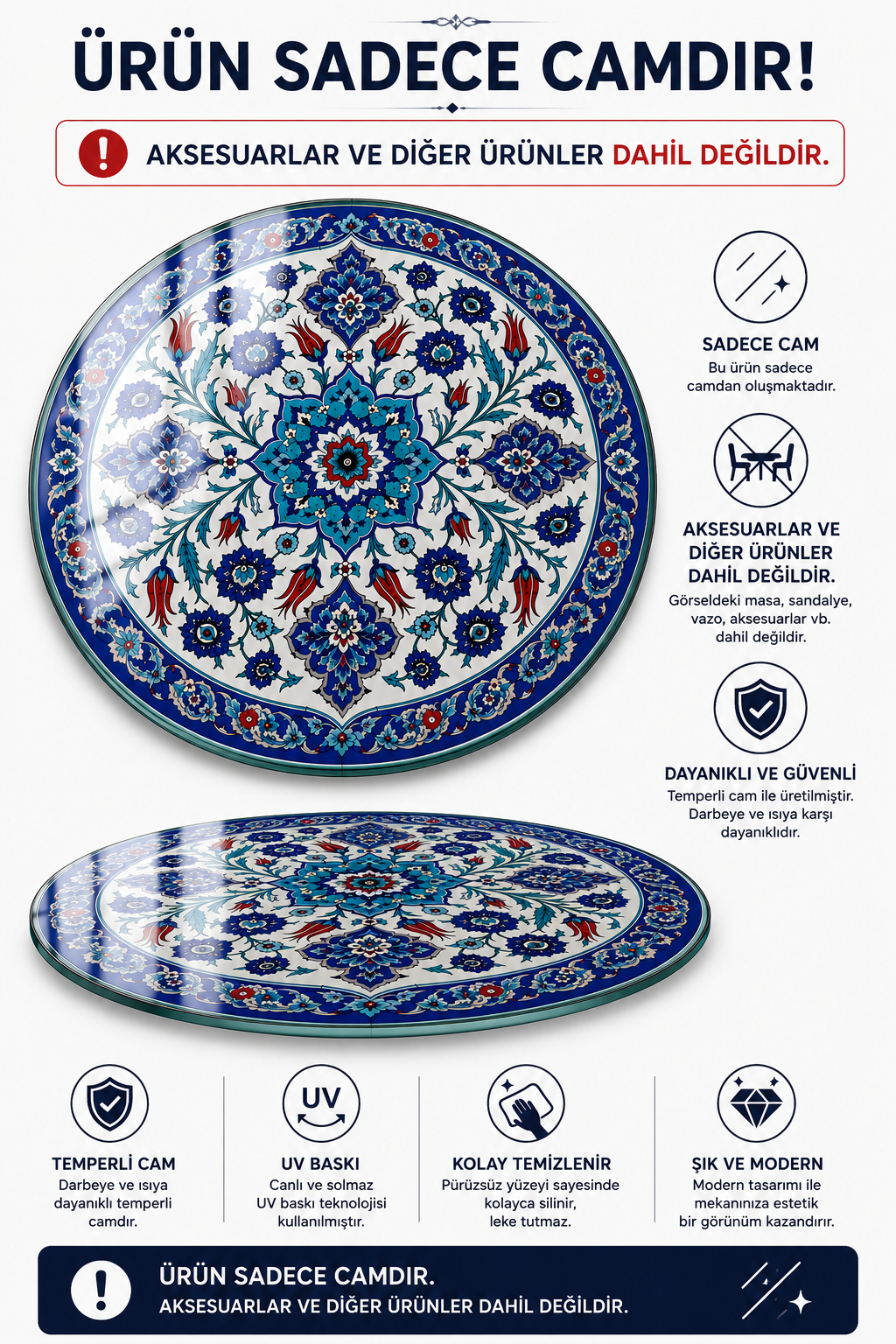 Masa Camı | Sultanbahçe Çini Desenli | Çap100cm