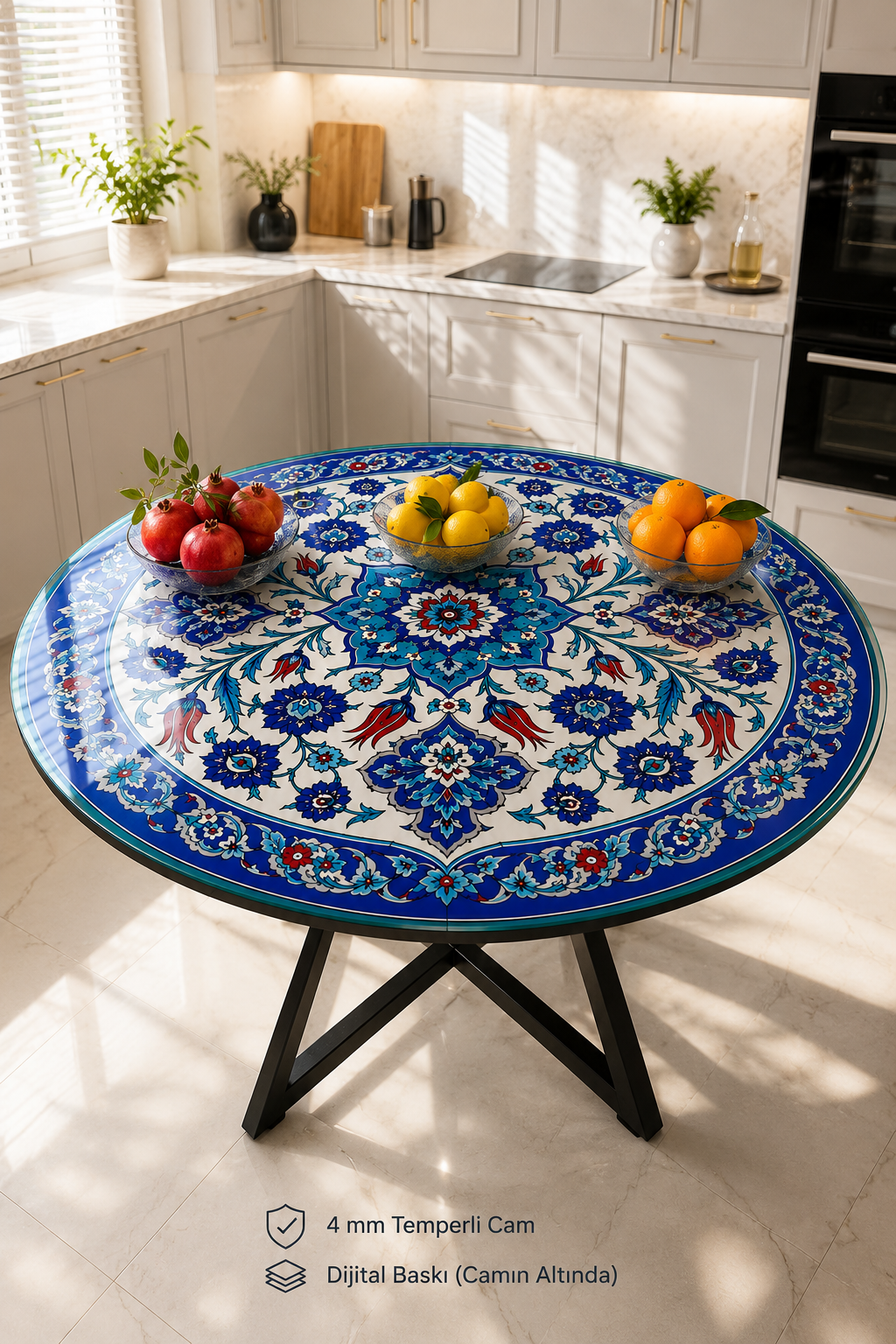 Masa Camı | Sultanbahçe Çini Desenli | Çap70cm